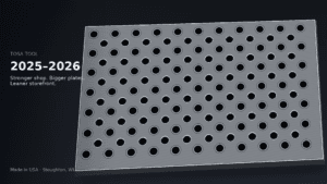 Modular fixture plate with two nestled 1.25″ Tosa Tool grids — threaded holes and Ø.5010″ bores