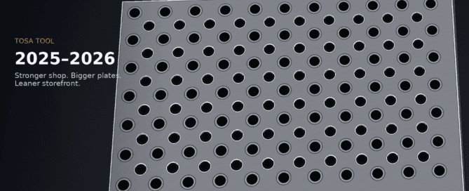 Modular fixture plate with two nestled 1.25″ Tosa Tool grids — threaded holes and Ø.5010″ bores