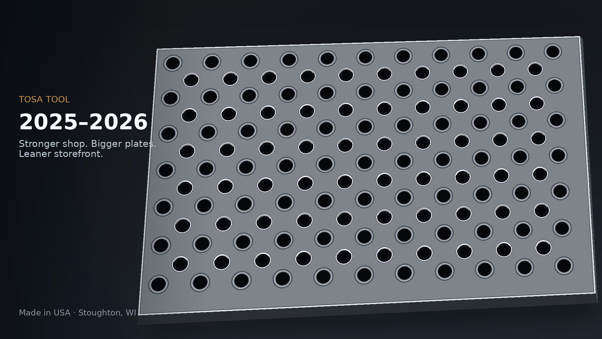 Modular fixture plate with two nestled 1.25″ Tosa Tool grids — threaded holes and Ø.5010″ bores